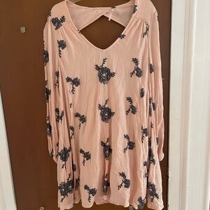 Free People Pink Tunic with Grey Floral Embroidery